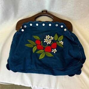 Medium Strawberry 🍓 Embroidered Navy Handbag Cottagecore Summer 🥰